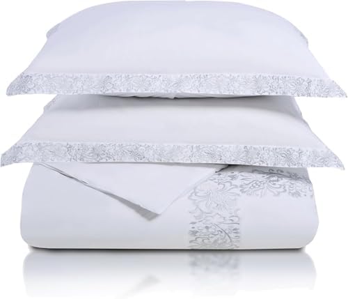 Superior Embroidered Cotton Duvet Cover Set FullQueen White