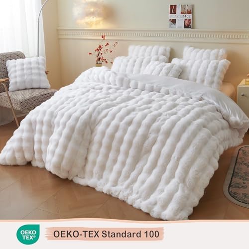 LIFEREVO Fluffy Faux Rabbit Fur Duvet Cover Set Twin Size White