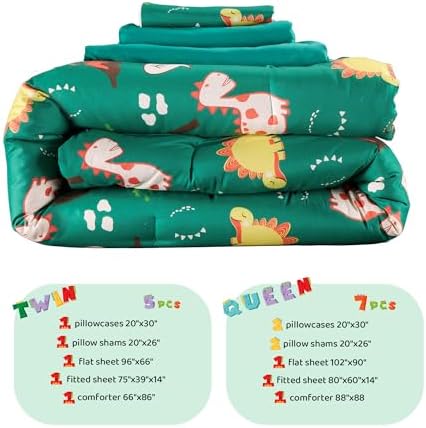 MORAIS Queen Comforter Set 7-Piece Green Dinosaur Kids Bedding