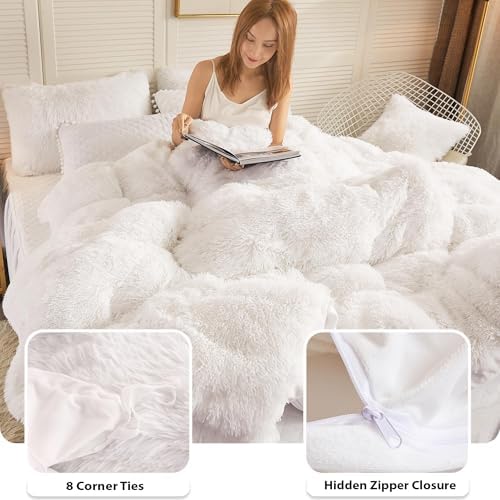 LIFEREVO Shaggy Duvet Cover Set with Pom Poms Pillowcases