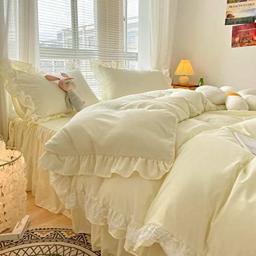 MOOWOO Chic Ruffle Lace Duvet Cover Set - Girl Yellow Bedding - 3 Piece Queen