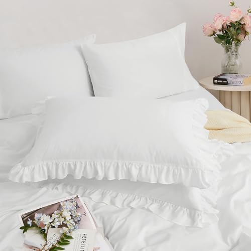 Horbaunal 3 Pcs White Ruffle Duvet Cover Set Twin Size