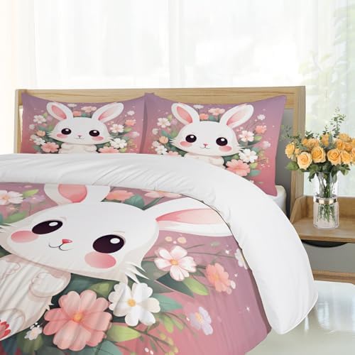 STRELEC Cute Rabbit Duvet Cover Set California King Size Pink
