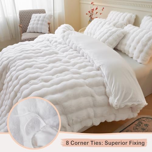 LIFEREVO Fluffy Faux Rabbit Fur Duvet Cover Set Twin Size White