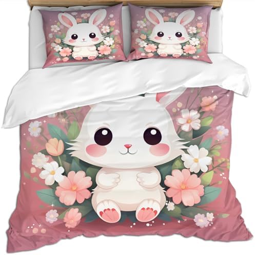 STRELEC Cute Rabbit Duvet Cover Set California King Size Pink