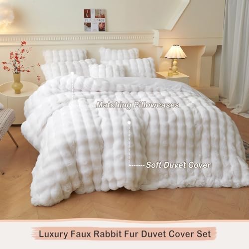 LIFEREVO Fluffy Faux Rabbit Fur Duvet Cover Set Twin Size White