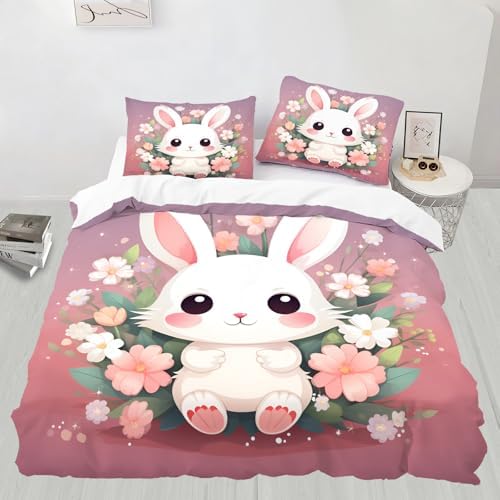 STRELEC Cute Rabbit Duvet Cover Set California King Size Pink