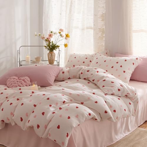 Erwinmu Girls King Comforter Set - 3 Piece Heart Print Bedding