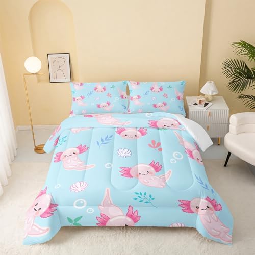 QOOMO Kawaii Axolotl 3D Quilt Comforter Set for Kids