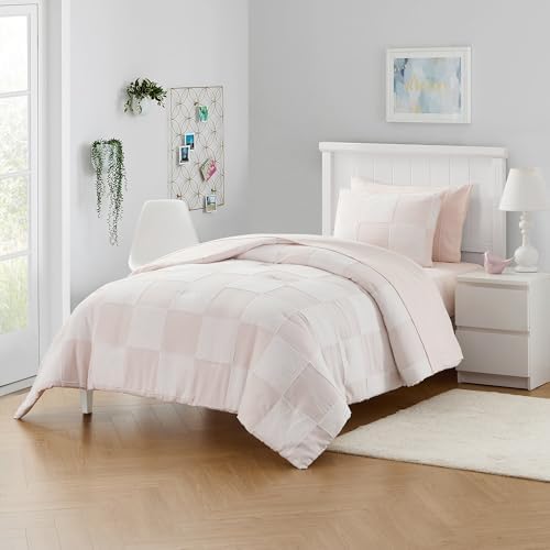 Kids Comforter Set Bed in a Bag Chenille Checkered Blush Pink