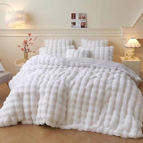 LIFEREVO Fluffy Faux Rabbit Fur Duvet Cover Set Twin Size White