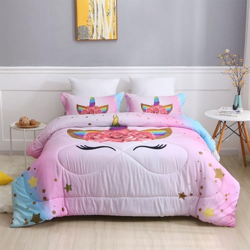 SIRDO Unicorn Queen Bedding Set for Girls