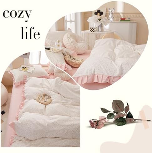 AMZTOP Romantic Pink Floral Duvet Cover Queen Set 3Pcs