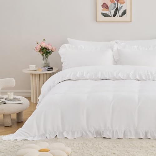 Horbaunal 3 Pcs White Ruffle Duvet Cover Set Twin Size