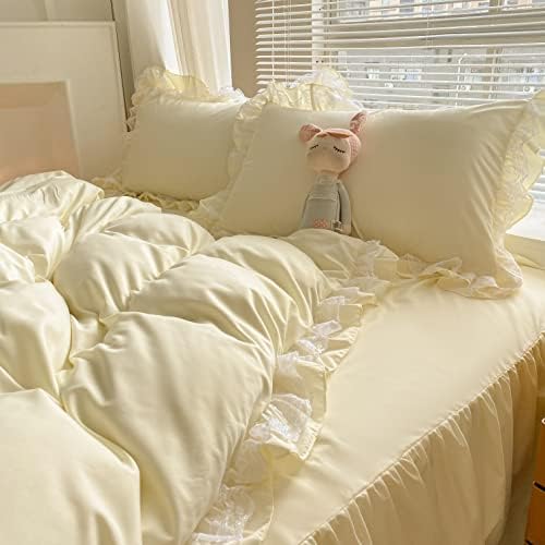 MOOWOO Chic Ruffle Lace Duvet Cover Set - Girl Yellow Bedding - 3 Piece Queen