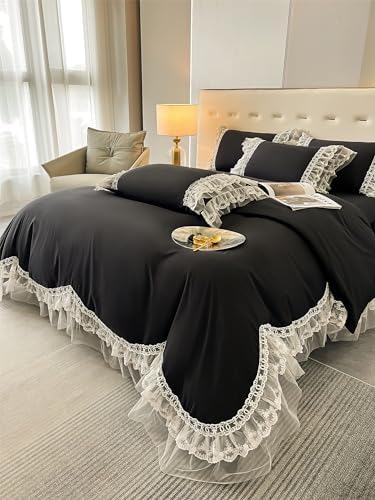 MOOWOO Chic Ruffle Lace Duvet Cover Set - Black Twin 2 Piece