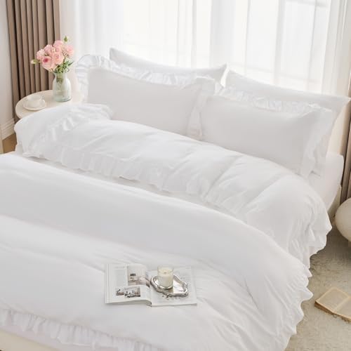 Horbaunal 3 Pcs White Ruffle Duvet Cover Set Twin Size