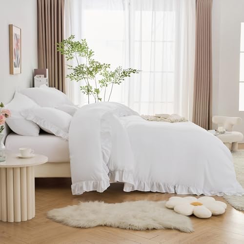 Horbaunal 3 Pcs White Ruffle Duvet Cover Set Twin Size