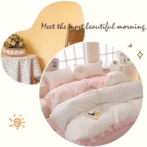 AMZTOP Romantic Pink Floral Duvet Cover Queen Set 3Pcs