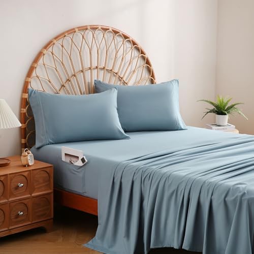 JSD Blue Twin Sheet Set with Side Pocket Corner Straps