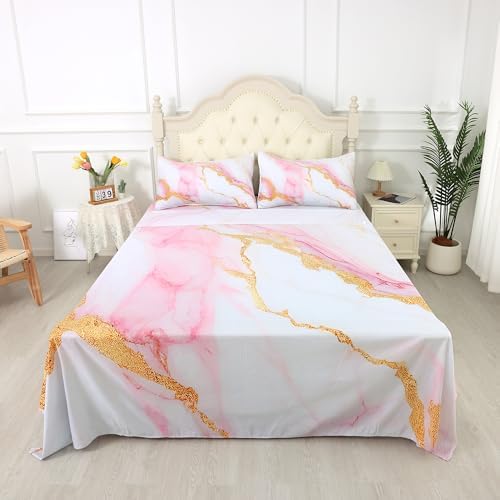 EDGZKO Pink Marble Twin Bed Sheet Set 3PC