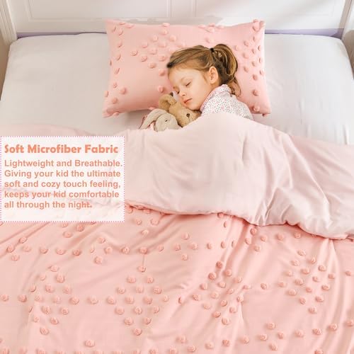 VIVILINEN 3-Piece Pink Boho Comforter Set with Pom Pom Tufts