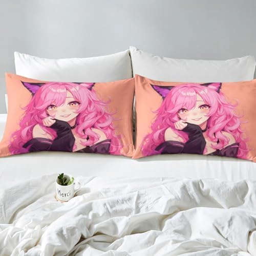 Anime Girl Fitted Sheet Set with Furry Ears and Pink Hair