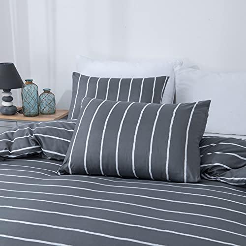 HSKIKWN Gray White Striped Duvet Cover Set Queen 3PCS