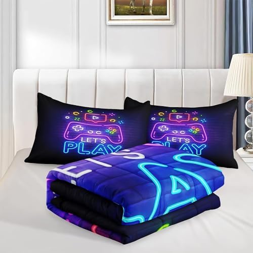 Helloosuu Kids Gaming Comforter Set - Twin Purple Bedding with Sheets Pillowcases