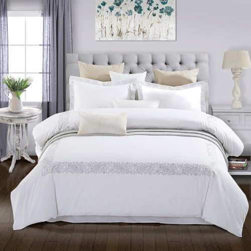 Superior Embroidered Cotton Duvet Cover Set FullQueen White