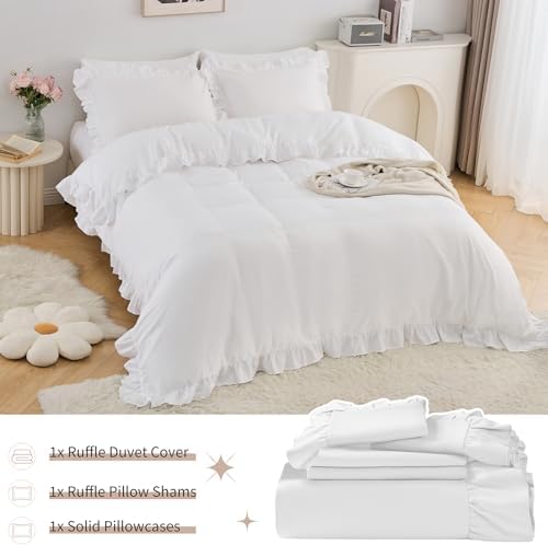Horbaunal 3 Pcs White Ruffle Duvet Cover Set Twin Size