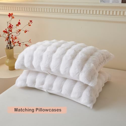 LIFEREVO Fluffy Faux Rabbit Fur Duvet Cover Set Twin Size White