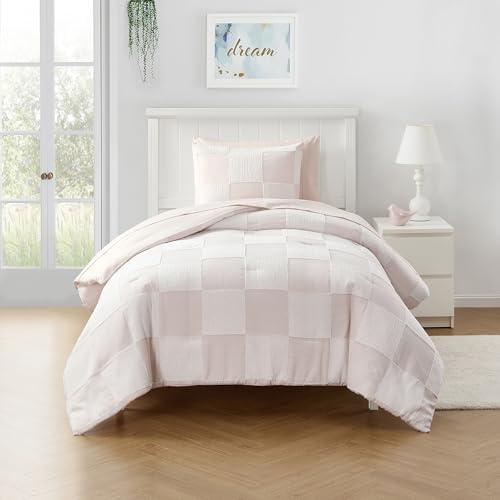 Kids Comforter Set Bed in a Bag Chenille Checkered Blush Pink