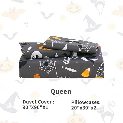 Halloween Duvet Cover Set Queen 3 Pieces Grey Bat Pumpkin