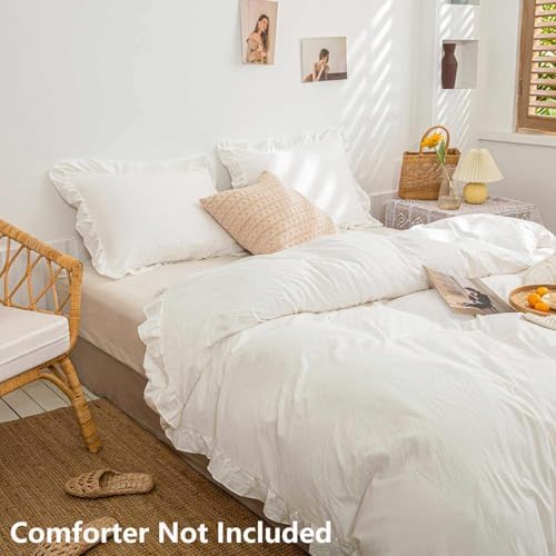 Faincy White Ruffle Duvet Cover Set King Size 3PC with Zipper