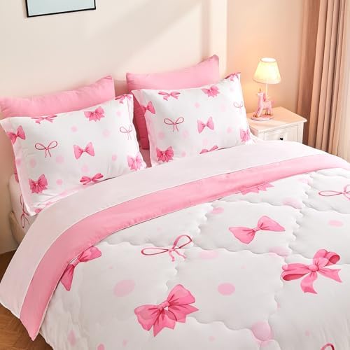 Wajade 7-Piece Pink Bow Queen Bedding Set 1