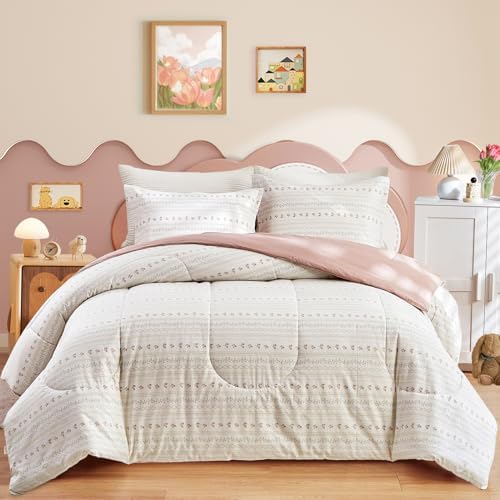 Joyreap 3pcs Pink Flower Stripes Comforter Set for Girls