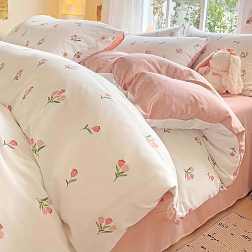Nayoroom Pink Floral Queen Duvet Cover Set 3 Pcs Microfiber