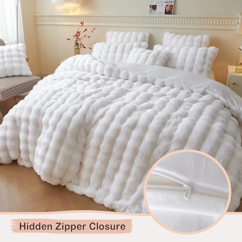 LIFEREVO Fluffy Faux Rabbit Fur Duvet Cover Set Twin Size White