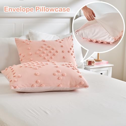 VIVILINEN 3-Piece Pink Boho Comforter Set with Pom Pom Tufts