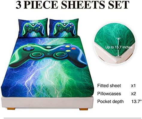 Meeting Story Gamer Gaming Fitted Sheet Set - 3pcs Blue-Green Twin