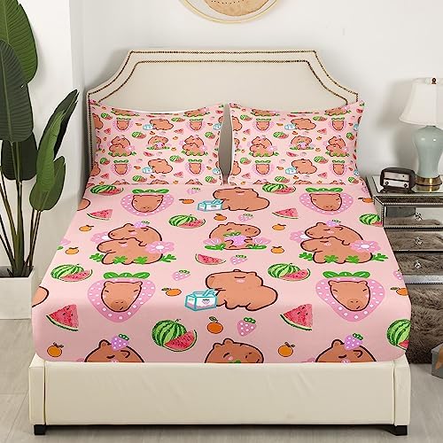 Capybara Lover Fitted Sheet Set Twin Pink