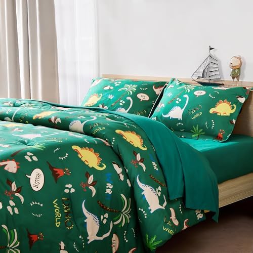 MORAIS Queen Comforter Set 7-Piece Green Dinosaur Kids Bedding
