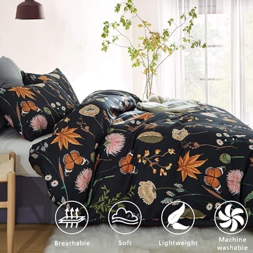 Floral Duvet Cover Set King Size with Yellow Butterfly Print