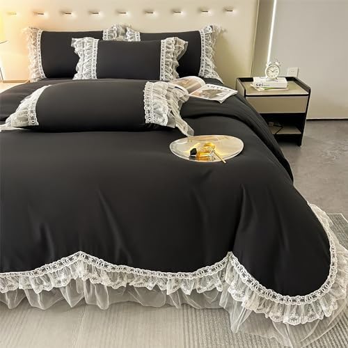 MOOWOO Chic Ruffle Lace Duvet Cover Set - Black Twin 2 Piece