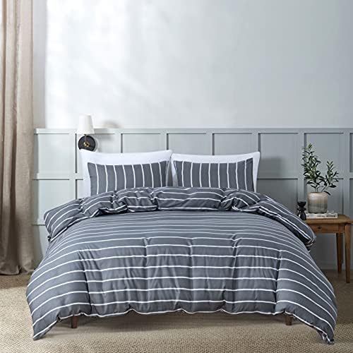 HSKIKWN Gray White Striped Duvet Cover Set Queen 3PCS