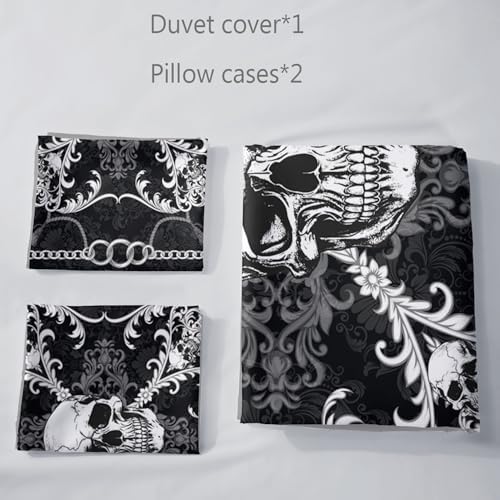 AILONEN Goth Skull Duvet Cover Set Queen Size 3-Piece