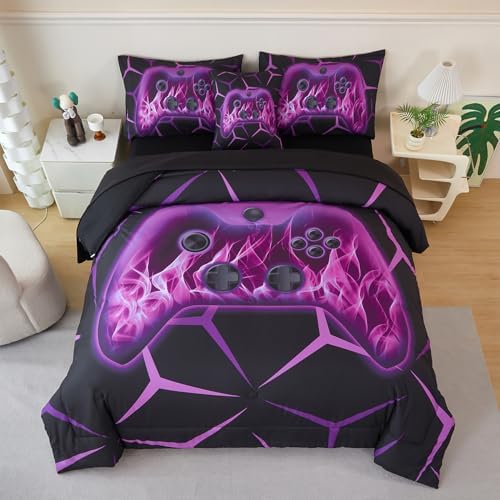 ZRNBAST 3D Purple Fire Gamepad Bed in a Bag Set