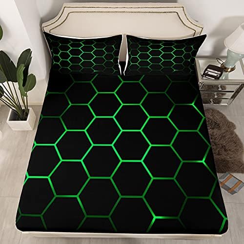 Feelyou Hexagonal Bedding Set Neon Green Black 2Pcs Twin Size