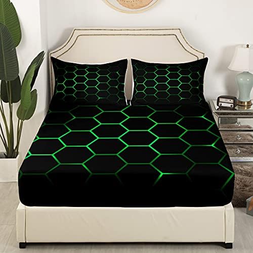 Feelyou Hexagonal Bedding Set Neon Green Black 2Pcs Twin Size